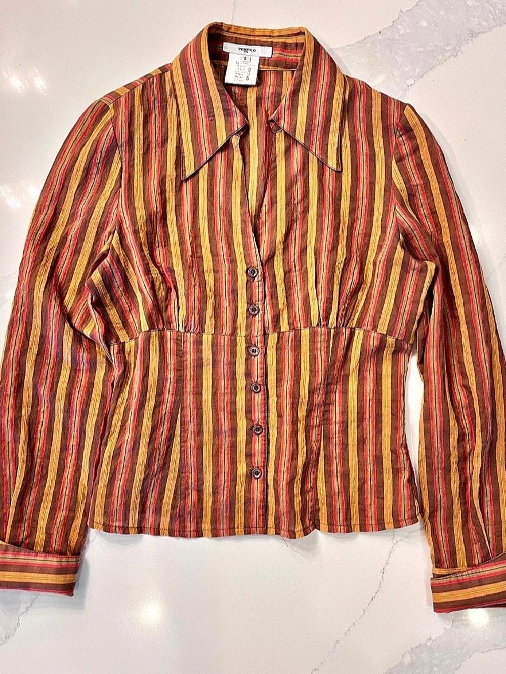 Vintage Vertigo Striped Fitted Button-Up Blouse in Rust Orange Red France Made S